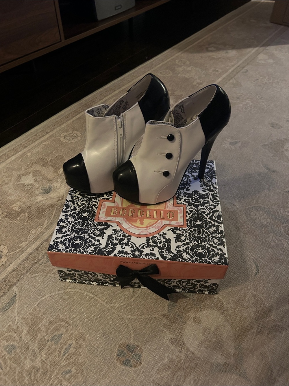 Bordello Black and White Two-Tone High Heel Booties with Button Accents